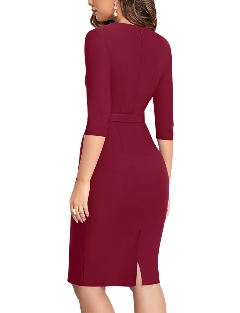 MUXXN Women's Charming Pleated Flared Neckline Stretch Fitted Graduation Dress (Burgundy XXL) - Image 2